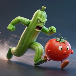 detailed 3 d render of a furious zucchini assassin character hunting a sweating tomato character at high speed, dramatic scene, hyper realistic octane render, cinematic lighting, deviantart, pop - surrealism, lowbrow, frame from pixar movie