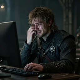igor igrayet at the computer in elden ring and cries bitterly, realism, photo, 8 k quality