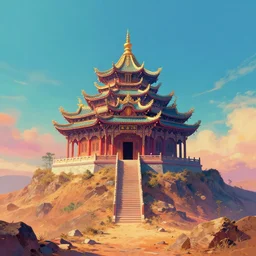 A mystical temple, sitting atop a dusty mountaintop, psychedelic color scheme in the style of Keith Thompson and Zdzislaw Beksinski, Artstation HD, 8k, Surrealistic digital artwork,