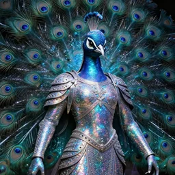 portrait of a giant glittering sublime peacock bodhisattva wearing iridescent armour of galactic awareness, trending on artstation, intricate character study, beautiful lighting, highly detailed, amazing, 8 k, cinematic, by greg rutkowksi and peter mohrbacher and craig mullins
