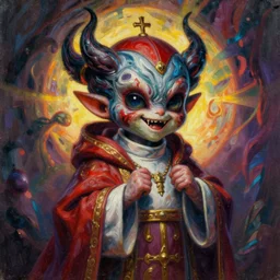 amazing detailed painting of a priest. disturbing, twisted, dark, evil. vibrant colors. cute, lovely, funny.