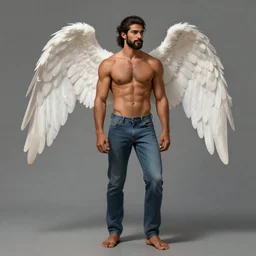 handsome male angel. Smooth brown skin, beardless, hair in a ponytail. Shirt, jeans and barefoot. Digital painting, concept art, smooth, sharp focus, illustration, by Ruan Jia