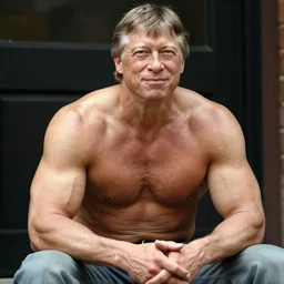 real photograph, very muscular!! steroids bulky shirtless bill gates homeless man sitting, photo mid shot