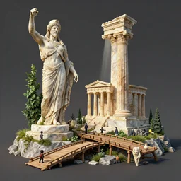 Atlantis zeus statue and hill valley grec greeble temple of olympus glory island  little wood bridge painting of tower  ivy plant   in marble incrusted by Jose Daniel Cabrera Pena and Leonid Kozienko, concept art by Tooth Wu and wlop and beeple and dan mumford and greg rutkowski and nekroxiii. octane render, cinematic volume light, hyper realism, octane render, 8k,