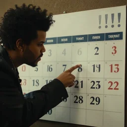 a scene from a movie, The Weeknd pointing to his favorite day of the week on a !!!!calendar!!!!