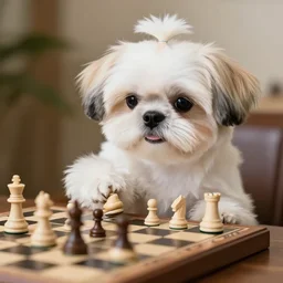 cute shi tzu playing chess