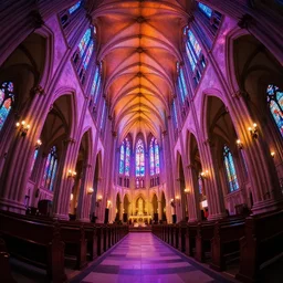 a fisheye lens photo of the interior of a gothic church with neon lights