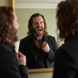 Highlander laughing maniacally at the sight of a mirror