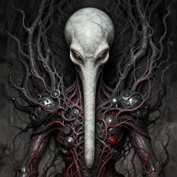 a naraka buddhist alien demon korean, thailand art, tubular creature, blood vessels, black energy, dystopian surrealism, artstyle alex ries zdzisław beksinski, symmetry accurate features, very intricate details, high resolution, symmetrical long head, smooth marble surfaces, detailed ink illustration, metal gear, cinematic smooth stone, deep aesthetic, concept art