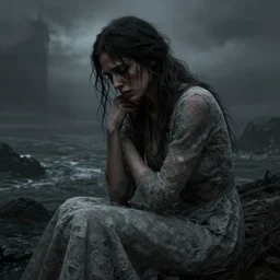 cinestill 5 0 d panorama of a woman by roversi, gritty, gloomy, pain, sad, intricate, elegant, sharp focus, artstation, dress in lace in a dystopian seascape, pale dark matte, sharp focus, illustration, octane render, unreal engine, art by roberto ferri greg rutkowski, epic fantasy, digital photo art