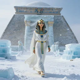 a very windy and cold place, everything is made out of ice, ancient egypt, cleopatra walking in the snow, cinematic lighting