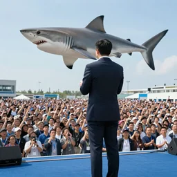 a shark in a suit making a speech for thousands of people