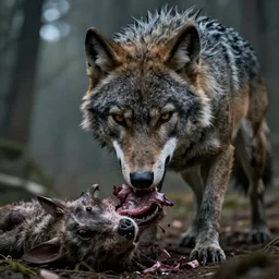 portrait of werewolf eating dead animal, high detail, hyper realism, unreal engine, 8k, horror theme