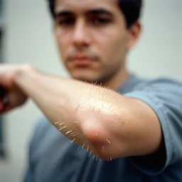 realistic photo of a a blurred face of a common person, elbow is covered with a long needles, emitting aura 1 9 6 0, life magazine photo, natural colors, metropolitan museum, kodak, 8 k, very detailed, high resolution, product photo,