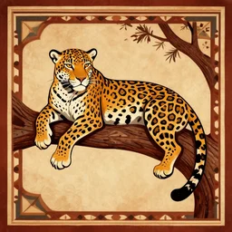 a jaguar lounges on a tree branch in Navajo art style