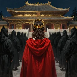 woman with a red cloak and a gold crown in a temple surrounded by black cloak soldiers, back view, extreme fine detail background, night, highly detailed, high quality, digital painting, hyperrealistic, by hugh kretschmer and paolo roversi
