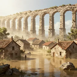 1 7 th century flooded colonial village with broken aqueducts, light dust, by peter mohrbacher dan mumford nekro, cgsociety, pixiv, volumetric light, 3 d render