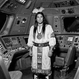 portrait of Iroquois warrior standing in a space ship command center, cockpits with a lot of buttons, complex machinery, space ship interrior nostromo style, ornaments and tribal decorations, black and white old photo, vintage