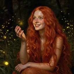 infp young woman, smiling, amazed by golden fireflies lights, sitting in the midst of nature fully covered, long loose red hair, intricate linework, green eyes, small nose with freckles, oval shape face, realistic, expressive emotions, dramatic lights, hyper realistic ultrafine art by artemisia gentileschi, albert bierstadt, artgerm