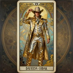 a dramatic ethereal epic symmetrical painting of a handsome! cowboy in a shimmering silvery!!! ((golden)) outfit | tarot card, art deco, art nouveau,  (steampunk), homoerotic, realistic | by Dresden Codak, by Mark Maggiori and ((((Alphonse Mucha))) | trending on artstation
