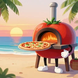a tomato character serving pizza from a wood fired pizza oven on a tropical beach, sunset, ultra realistic refractions, extremely detailed 3 d render, octane render, octane, ray tracing, evening light, 4 k, pixar