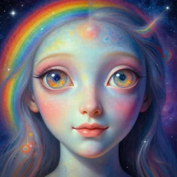 hyperrealistic abstract close-up portrait Renaissance psychedelic!! celestial happy! pure creature!! peaceful! kind spirit of nature! beautiful fractal eyes! highly detailed concept art eric zener elson peter cinematic hard rainbow lighting high angle hd 8k sharp shallow depth of field, inspired by Zdzisław Beksiński Salvador Dali