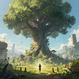 digital painting of tiny people praying to monumental - enormous - conscious - cyberpunk - tree, trending on artstation, horizon zero dawn style, high quality, ant's eye view perspective!!!
