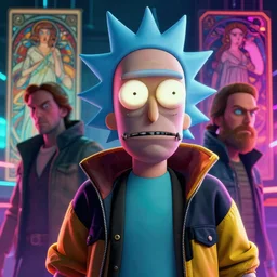 cyberpunk, neon lights, dramatic lighting, deep focus, sci - fi, intricate, highly detailed, digital painting, artstation, sharp focus, a colorful close - up studio photographic portrait of doc brown as rick from rick & morty, art by artgerm, greg rutkowski, alphonse mucha and steve mccury
