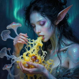 neoclassicist renaissance close - up portrait of singularity blue aurora demon ( ancient black haired fae acrobat ) seen eating of the strangling network of yellowcake aerochrome and milky fruit and her delicate hands hold of gossamer polyp blossoms bring iridescent fungal, with high tech body interface. iridescent textures. highly detailed fantasy science fiction painting by vrubel and chris cunningham. dark and volumetric. artstation