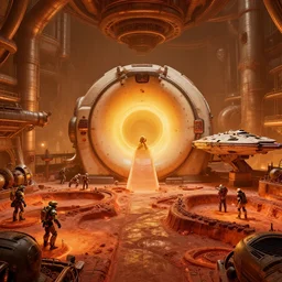a bulbous the matrix nebuchadnezzar biomechanical gieger,iron smelting pits, high tech industrial, warm saturated colours, mri machine millennium falcon space-station Vuutun Palaa with massive piping inspired by a nuclear reactor submarine and maschinen krieger, ilm, beeple, star citizen halo, mass effect, starship troopers, elysium