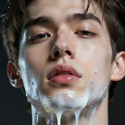 postmodernist extreme close - up of gorgeous hyperrealistic male face melts like ice cream, digital art masterpiece, highly detailed neo pop surrealism, jason limon kay sage hannah yata, dramatic lighting, low angle, uhd 8 k, sharp focus