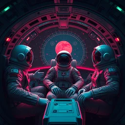 three cosmonauts sitting in a cockpit of a space saucer + retro futuristic poster cybernetic pattern nano enhancements, gradient space graphics in background, close up, quint buchholz, wlop, dan mumford, artgerm, liam brazier, peter mohrbacher, raw, featured on artstation, octane render, cinematic, elegant, intricate, 8 k