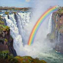 a rainbow at victoria falls, oil on canvas