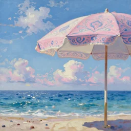 sea, beach umbrella, cloud, oil painting, blue and pink intricate, dreamy aesthetic, highly detailed, octane render, unreal engine 5, wide view, by danton fadeev