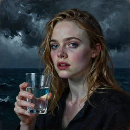 Elle Fanning in a glass of water in the world of Jamie Coreth, head and shoulders portrait, stormy weather, extremely detailed masterpiece, oil on canvas, low-key neon lighting, artstation, Blade Runner 2049, Roger Deakin’s cinematography, by J. C. Leyendecker and Peter Paul Rubens and Edward Hopper and Michael Sowa,