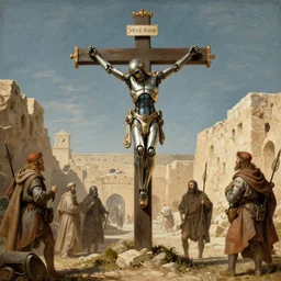 steam punk robot crucified on a cross in ancient jerusalem by matthias grunewald