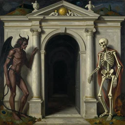 dollpunk by henry ossawa tanner, by worthington whittredge, by giorgio barbarelli da castelfranco ornamented. in the center of the assemblage is a large gateway that seems to lead into abyss of darkness. on either side of the gateway are two figures, one a demon - like creature, the other a skeletal figure.