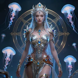 a centered render of an alluring majestic post apocalyptic cyborg goddess wearing flowing silk gemstones and crystals and leather clothing surrounded by bio - luminescent jellyfish and sacred geometry, perfect body and face, gorgeous, cinematic, beautifully lit, by artgerm, by karol bak, by donato giancola, by viktoria gavrilenko 3 d, trending on artstation, octane render, 8 k