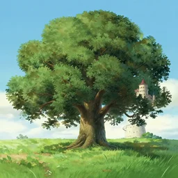 a landscape of a single ancient oak tree, studio ghibli, castle in the sky, animated, anime, illustrated, vibrant, overgrown, by greg rutkowski, dungeons and dragons on artstation