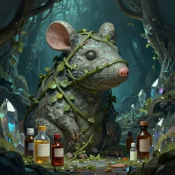in the underground crystal cave forest, there is a close up stone statue of rat head wrapped by vines. ) ) ) ) beside the statue, there are all kinds of medicine bottles. ) and the atmosphere is very strong ) ), trending on artstation, illustrated by greg rutkowskia, 4 k digital art, the style of borderlands 2