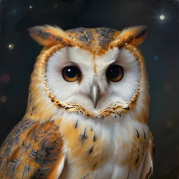 close-up portrait of anthropomorphic owl Prince, man with a head of barn owl, in a crown, bokeh, blurred space, stars, dreamy, romantic, painting in the museum, highly detailed, sharp focus, digital painting, artwork, by John James Audubon by Victor Adame Minguez by Yuumei by Tom Lovell by Sandro Botticelli