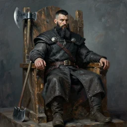 viking king, with black beard and short black hair, sitting on his wooden throne with his axe leaning on the side of the throne, looking forward, in a chill position, high detail, impressionism style art