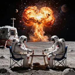 2 astronauts sitting on camping chairs across from each other playing chess on the moon next to their moon base. in space a planet violently explodes in many small pieces, high detail, stylized, movie poster, award winning, iconic, trending on artstation