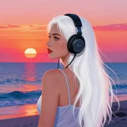 back view of a beautiful woman with long white hair and a confident expression looking at the sea, wearing headphones, vivid colors, sunset, art by Artgerm and Mark Arian