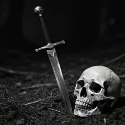 A sword stuck in the ground, with a skull lying next to it. Close Up Shot, Dark Fantasy, Film Noir, Black and White. High Contrast, Mike Mignola, D&D, OSR