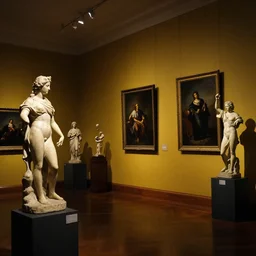 a history museum hall with statues and paintings, dark academia aesthetics, mood light, yellow