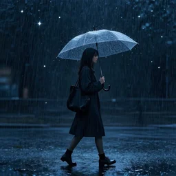 Woman walking with an umbrella under the raining stars, digital art