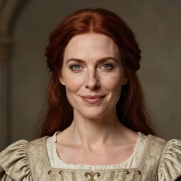 head portrait, full faced, 40 years old women, light smile, dark red hair, green eyes, in beige expensive historic clothing, high detail, digital art, medieval fantasy