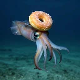 underwater photo still of a squid with a donut on its head, 4 k, 8 5 mm, f 1 6