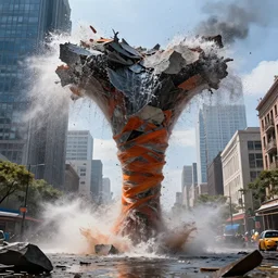 destructive water tornado in the city, photorealistic, highly detailed, sharp focus, vivid, colorful symmetrical